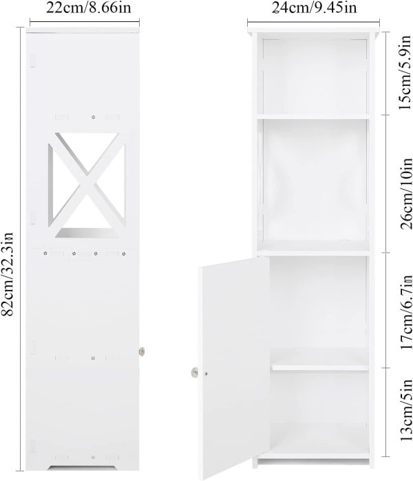 White Bathroom Floor ,Storage  with Doors and Shelves,Free Standing Tall Slim Side Organizer,Home Furniture Unit,Waterproof Kitchen Storage Rack,White Pantry ,24 x 22 x 82 cm. - Image 3