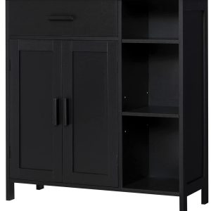 Bathroom , Coffee Bar  with Drawer, Storage  with Doors and Shelves, Freestanding Cupboard for Living Room, Black