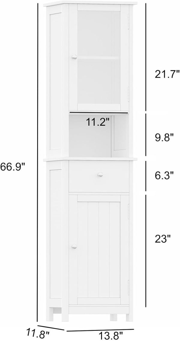 Tall Bathroom Floor  with Glass Doors,  Floor Storage  with Adjustable Shelf,  Bathroom Storage , Pantry with Drawer, White BMGZ105W - Image 2