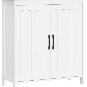 Two-Door Floor Storage  - Bathroom Storage  with Adjustable Shelves - Soft-Close  Doors White Finish with Matte Black Handles