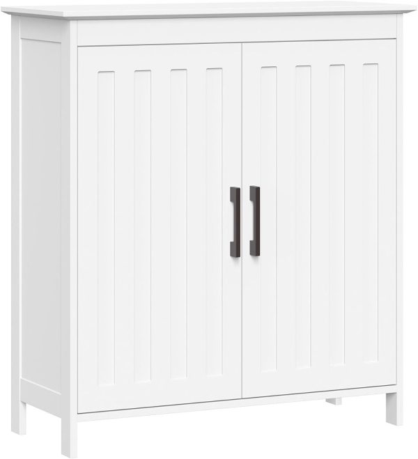 Two-Door Floor Storage  - Bathroom Storage  with Adjustable Shelves - Soft-Close  Doors White Finish with Matte Black Handles