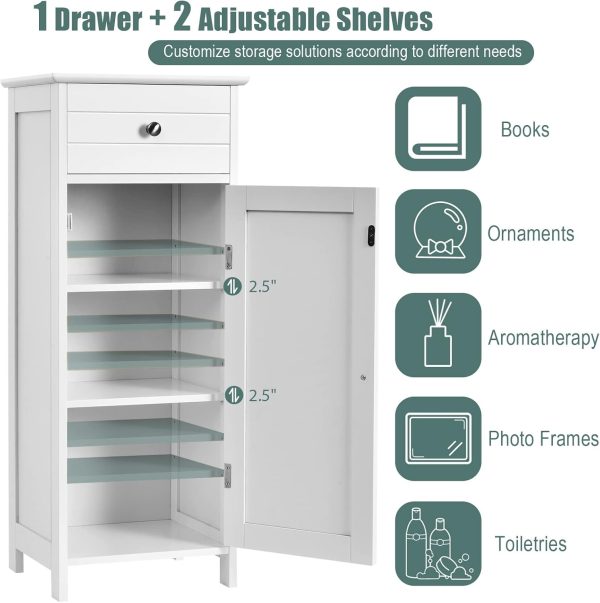 Bathroom Floor ,  Side Storage Organizer, Free-Standing Single Door Floor Storage  with Large Drawer & 2 Adjustable Shelves for Living Room Kitchen (White) - Image 6