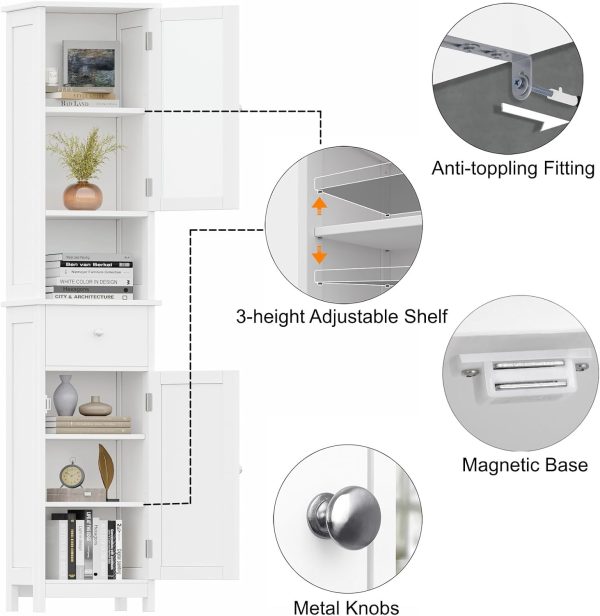 Tall Bathroom Floor  with Glass Doors,  Floor Storage  with Adjustable Shelf,  Bathroom Storage , Pantry with Drawer, White BMGZ105W - Image 7