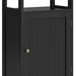 4-Tier Bathroom Floor Storage , Bathroom Free Standing Storage Organizer with Single Door and Adjustable Shelf,  Side  for Living Room, Bathroom, Kitchen, Hallway, Black