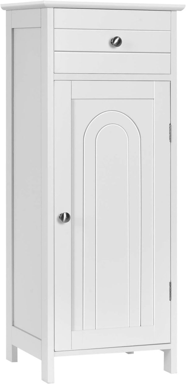 Bathroom Floor ,  Side Storage Organizer, Free-Standing Single Door Floor Storage  with Large Drawer & 2 Adjustable Shelves for Living Room Kitchen (White)