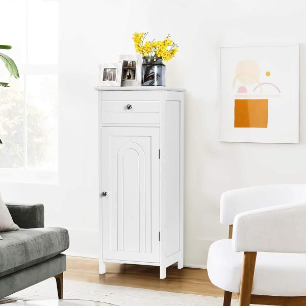 Bathroom Floor ,  Side Storage Organizer, Free-Standing Single Door Floor Storage  with Large Drawer & 2 Adjustable Shelves for Living Room Kitchen (White) - Image 5