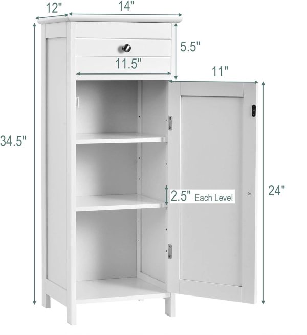 Bathroom Floor ,  Side Storage Organizer, Free-Standing Single Door Floor Storage  with Large Drawer & 2 Adjustable Shelves for Living Room Kitchen (White) - Image 3