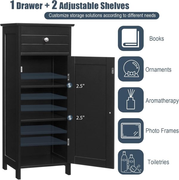 Bathroom Floor ,  Side Storage Organizer, Free-Standing Single Door Floor Storage  with Large Drawer & 2 Adjustable Shelves for Living Room Kitchen (Black) - Image 9