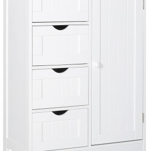 Small Storage  Organizer with 4 Drawers and 1 Cupboard, Freestanding Compact Floor Towel  for Bathroom and Entryway, White