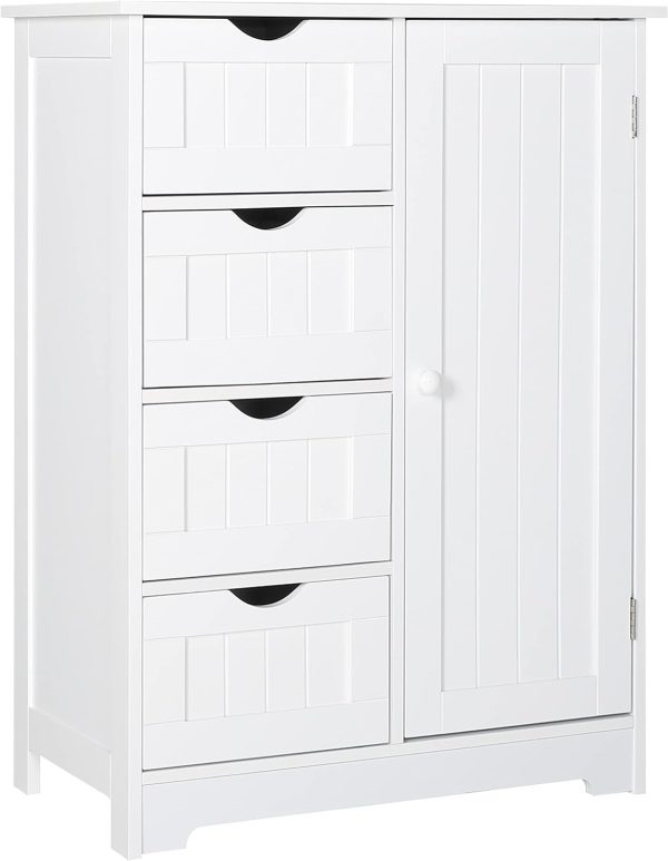 Small Storage  Organizer with 4 Drawers and 1 Cupboard, Freestanding Compact Floor Towel  for Bathroom and Entryway, White