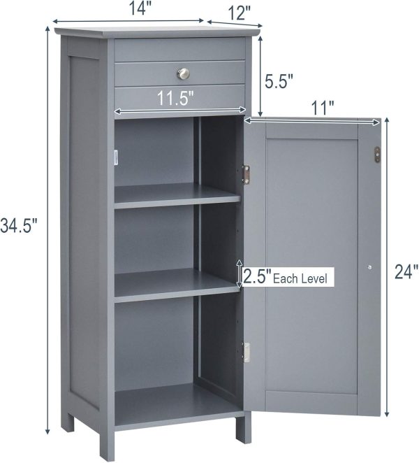 Bathroom Floor ,  Side Storage , Freestanding Single Door Bathroom  with Large Drawer & 2 Adjustable Shelves for Living Room Kitchen (Grey) - Image 3