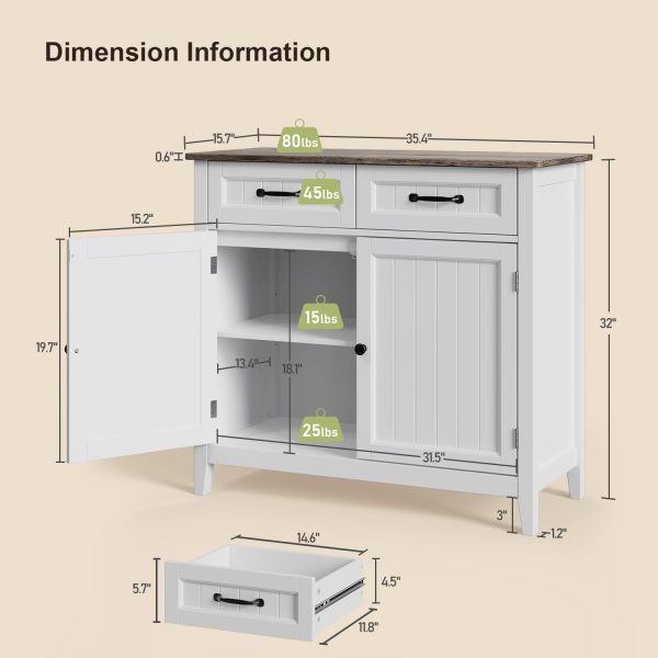 Kitchen Sideboard Buffet , 32''H Large Kitchen Storage Island and Adjustable Shelf, Modern Coffee Bar for Kitchen, Dining Room, Bathroom, Entryway, Grey - Image 2