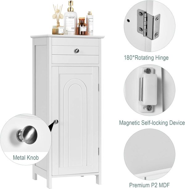 Bathroom Floor ,  Side Storage Organizer, Free-Standing Single Door Floor Storage  with Large Drawer & 2 Adjustable Shelves for Living Room Kitchen (White) - Image 7