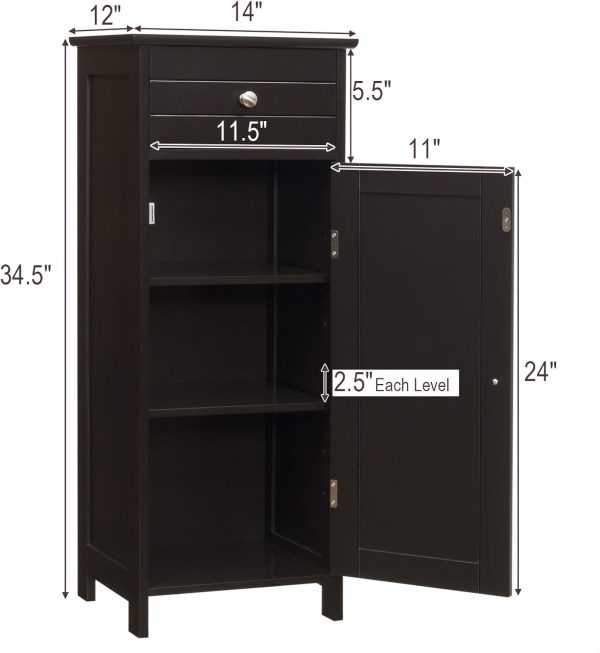 Bathroom Floor ,  Side Storage , Freestanding Single Door Bathroom  with Large Drawer & 2 Adjustable Shelves for Living Room Kitchen (Brown) - Image 3