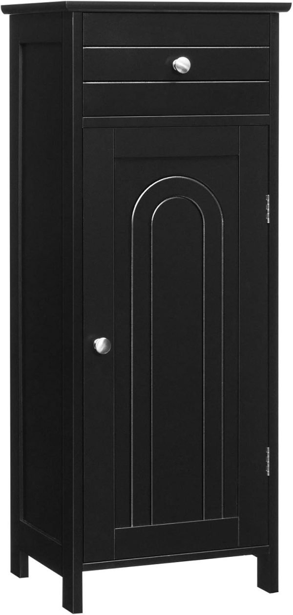 Bathroom Floor ,  Side Storage Organizer, Free-Standing Single Door Floor Storage  with Large Drawer & 2 Adjustable Shelves for Living Room Kitchen (Black)