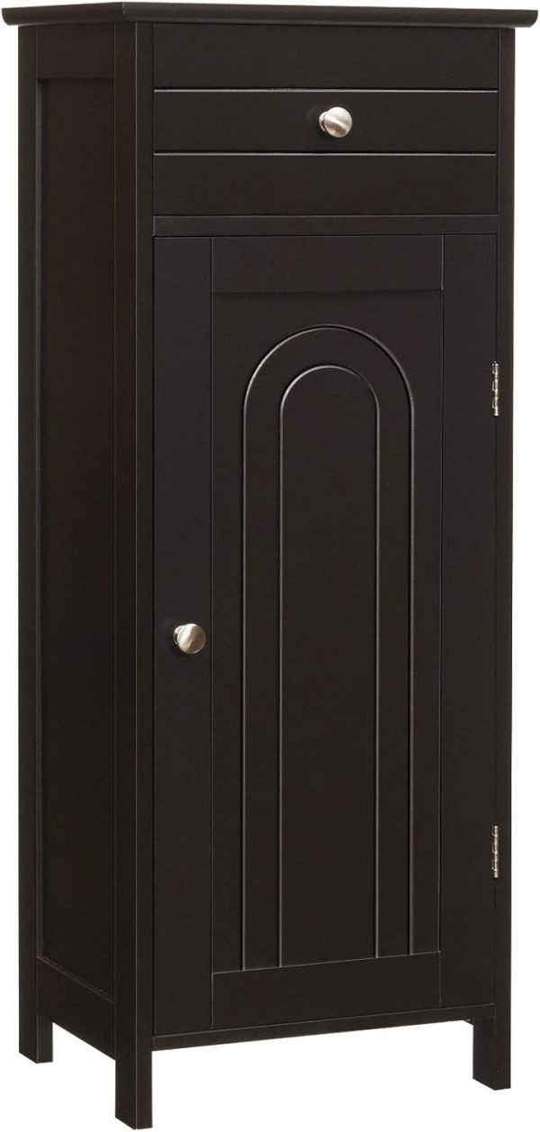 Bathroom Floor ,  Side Storage , Freestanding Single Door Bathroom  with Large Drawer & 2 Adjustable Shelves for Living Room Kitchen (Brown)