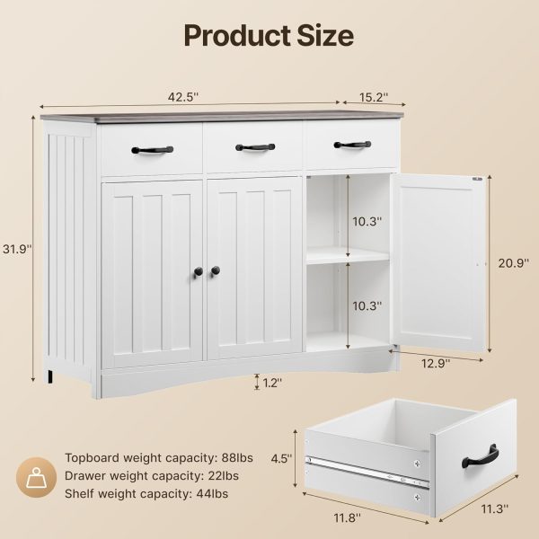 Buffet  with 3 Drawers, Buffet Storage  with Barn Doors, Wood Coffee Bar  with Adjustable Shelf, Modern Sideboard for Kitchen, Dining Room, Living Room, Grey - Image 2