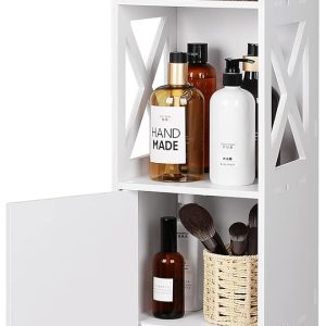 White Bathroom Floor ,Storage  with Doors and Shelves,Free Standing Tall Slim Side Organizer,Home Furniture Unit,Waterproof Kitchen Storage Rack,White Pantry ,24 x 22 x 82 cm.