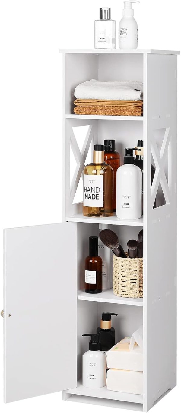 White Bathroom Floor ,Storage  with Doors and Shelves,Free Standing Tall Slim Side Organizer,Home Furniture Unit,Waterproof Kitchen Storage Rack,White Pantry ,24 x 22 x 82 cm.