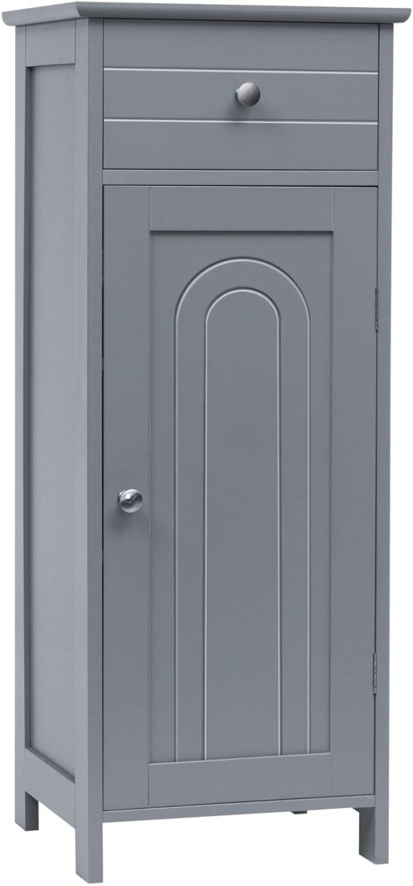 Bathroom Floor ,  Side Storage , Freestanding Single Door Bathroom  with Large Drawer & 2 Adjustable Shelves for Living Room Kitchen (Grey)