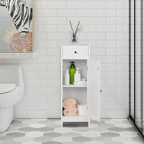 Bathroom Floor Storage , Freestanding Side Table Storage Organizer Unit with Drawer and Single Shutter Door, D11.8xW12.6xH34.3 Inches - Image 5