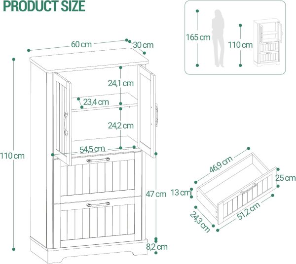 Bathroom Floor Storage , Freestanding  with 2 Door and 2 Drawers, 2 Adjustable Shelves, Bathroom Storage Unit for Kitchen 11.8 x 23.6 x 43.4 Inches, White SC16413X - Image 2