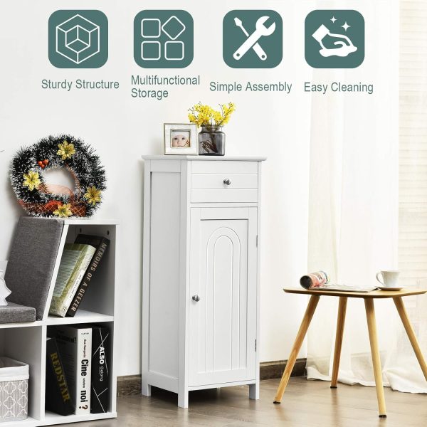 Bathroom Floor ,  Side Storage Organizer, Free-Standing Single Door Floor Storage  with Large Drawer & 2 Adjustable Shelves for Living Room Kitchen (White) - Image 9
