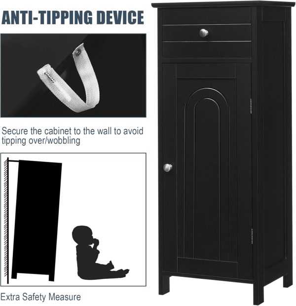 Bathroom Floor ,  Side Storage Organizer, Free-Standing Single Door Floor Storage  with Large Drawer & 2 Adjustable Shelves for Living Room Kitchen (Black) - Image 7