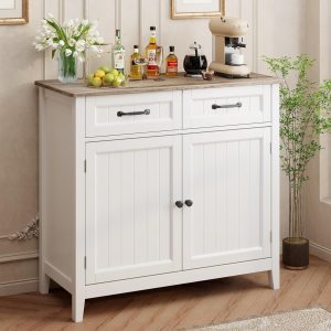 Kitchen Sideboard Buffet , 32''H Large Kitchen Storage Island and Adjustable Shelf, Modern Coffee Bar for Kitchen, Dining Room, Bathroom, Entryway, Grey