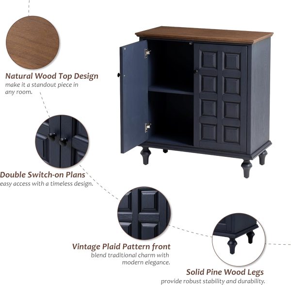 2 Door Storage  with Plaid Pattern Front, Vintage Side Table with Push-to-Open Doors for Bedroom, Living Room, Handles, Two-Shelves, Pine Wood, Black, Natural Wood - Image 4