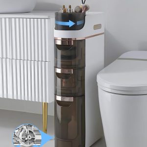 3-Tiers Slim Bathroom Storage , Waterproof  Floor  with Tissue Box and Wheels, Skinny Storage Organizer with Drawers for Small Spaces, Bathroom, Kitchen, Bedroom, 6.7??