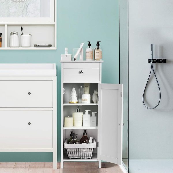Bathroom Floor ,  Side Storage Organizer, Free-Standing Single Door Floor Storage  with Large Drawer & 2 Adjustable Shelves for Living Room Kitchen (White) - Image 4
