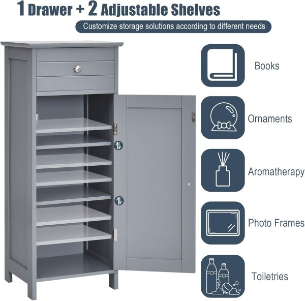 Bathroom Floor ,  Side Storage , Freestanding Single Door Bathroom  with Large Drawer & 2 Adjustable Shelves for Living Room Kitchen (Grey) - Image 6