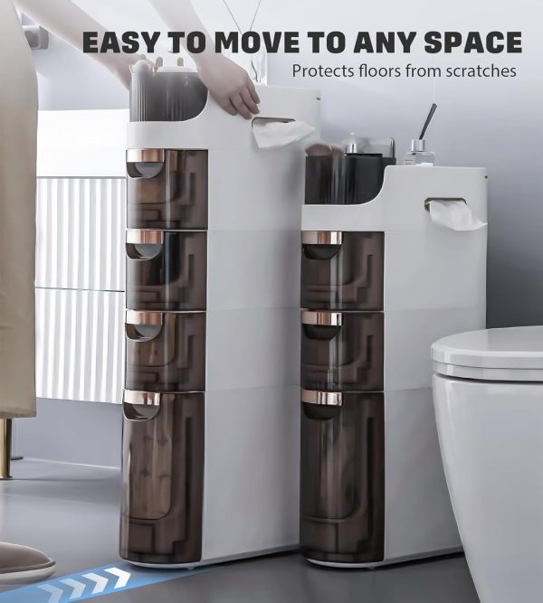 3-Tiers Slim Bathroom Storage , Waterproof  Floor  with Tissue Box and Wheels, Skinny Storage Organizer with Drawers for Small Spaces, Bathroom, Kitchen, Bedroom, 6.7?? - Image 4