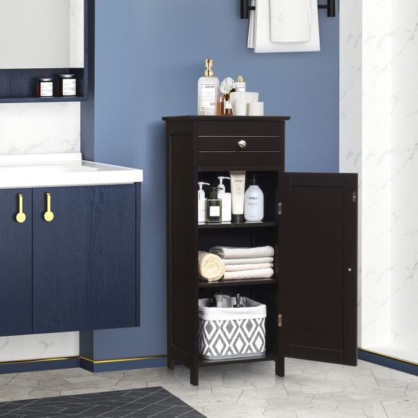 Bathroom Floor ,  Side Storage , Freestanding Single Door Bathroom  with Large Drawer & 2 Adjustable Shelves for Living Room Kitchen (Brown) - Image 5