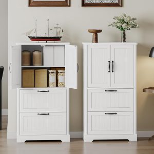 Bathroom Floor Storage , Freestanding  with 2 Door and 2 Drawers, 2 Adjustable Shelves, Bathroom Storage Unit for Kitchen 11.8 x 23.6 x 43.4 Inches, White SC16413X