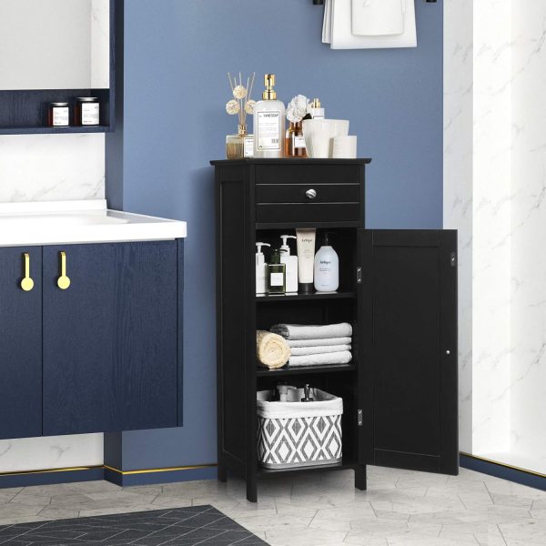 Bathroom Floor ,  Side Storage Organizer, Free-Standing Single Door Floor Storage  with Large Drawer & 2 Adjustable Shelves for Living Room Kitchen (Black) - Image 2