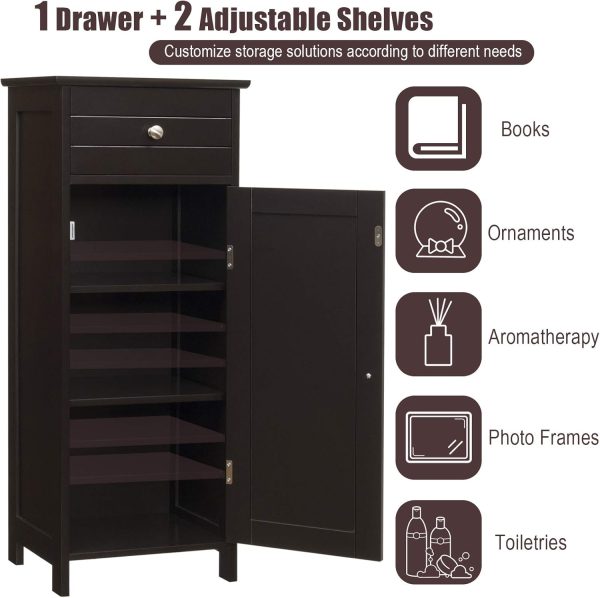 Bathroom Floor ,  Side Storage , Freestanding Single Door Bathroom  with Large Drawer & 2 Adjustable Shelves for Living Room Kitchen (Brown) - Image 8