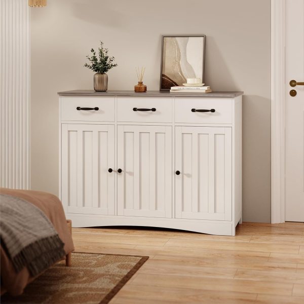 Buffet  with 3 Drawers, Buffet Storage  with Barn Doors, Wood Coffee Bar  with Adjustable Shelf, Modern Sideboard for Kitchen, Dining Room, Living Room, Grey - Image 4