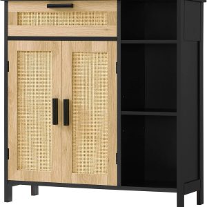 Storage ,   with Drawer & Doors, Sideboard Buffet  with Adjustable Shelves, Floor  for Living Room, Entryway, Black & Natural