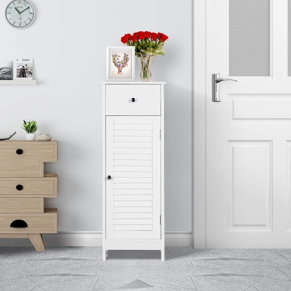 Bathroom Floor Storage , Freestanding Side Table Storage Organizer Unit with Drawer and Single Shutter Door, D11.8xW12.6xH34.3 Inches - Image 4