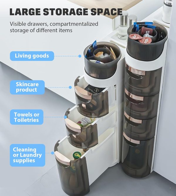 3-Tiers Slim Bathroom Storage , Waterproof  Floor  with Tissue Box and Wheels, Skinny Storage Organizer with Drawers for Small Spaces, Bathroom, Kitchen, Bedroom, 6.7?? - Image 3