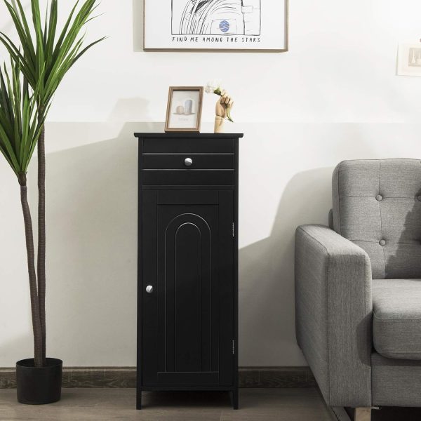Bathroom Floor ,  Side Storage Organizer, Free-Standing Single Door Floor Storage  with Large Drawer & 2 Adjustable Shelves for Living Room Kitchen (Black) - Image 5