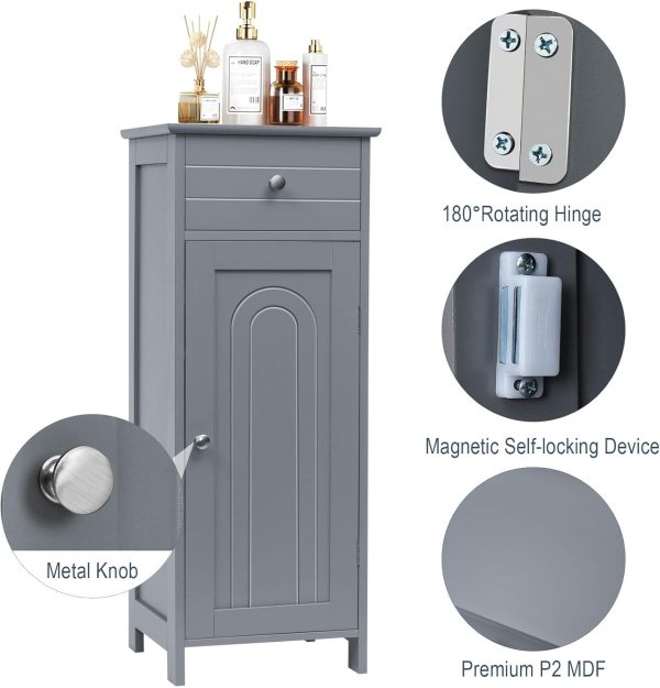 Bathroom Floor ,  Side Storage , Freestanding Single Door Bathroom  with Large Drawer & 2 Adjustable Shelves for Living Room Kitchen (Grey) - Image 9