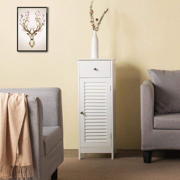 Bathroom Floor Storage , Freestanding Side Table Storage Organizer Unit with Drawer and Single Shutter Door, D11.8xW12.6xH34.3 Inches - Image 2