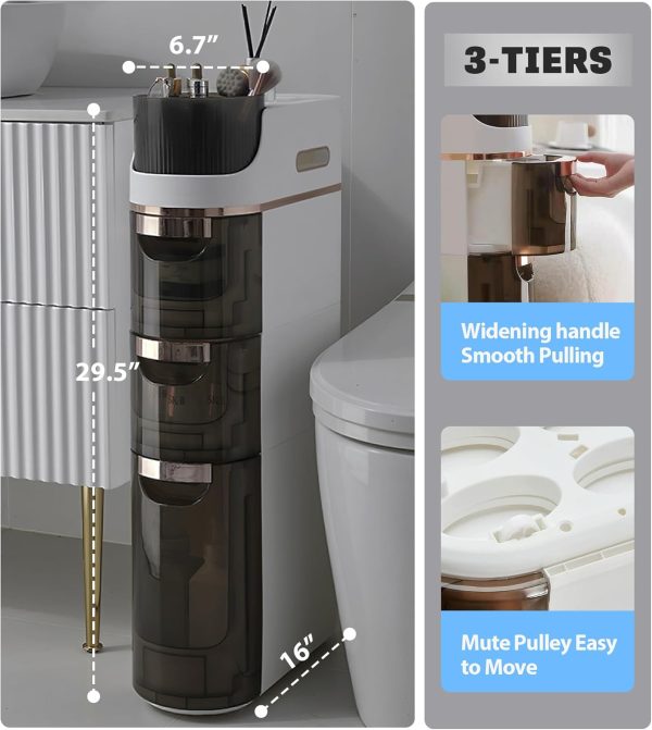 3-Tiers Slim Bathroom Storage , Waterproof  Floor  with Tissue Box and Wheels, Skinny Storage Organizer with Drawers for Small Spaces, Bathroom, Kitchen, Bedroom, 6.7?? - Image 2