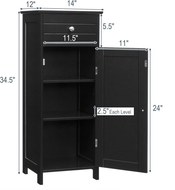Bathroom Floor ,  Side Storage Organizer, Free-Standing Single Door Floor Storage  with Large Drawer & 2 Adjustable Shelves for Living Room Kitchen (Black) - Image 3