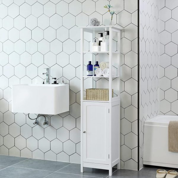 Floor , Multifunctional Bathroom Storage  with 3-Tier Shelf, Free-Standing Linen Tower,  Cupboard, White UBBC63WT - Image 5