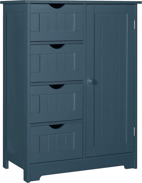 Small Storage  Organizer with 4 Drawers and 1 Cupboard, Freestanding Compact Floor Towel  for Bathroom and Entryway, Blue