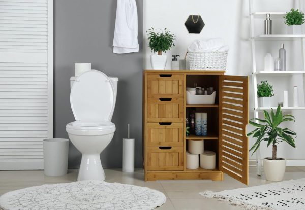 Small Storage  Bamboo with 4 Drawers and 1 Cupboard, Freestanding Compact Floor  Bamboo for Entryway and Bathroom, Natural - Image 4